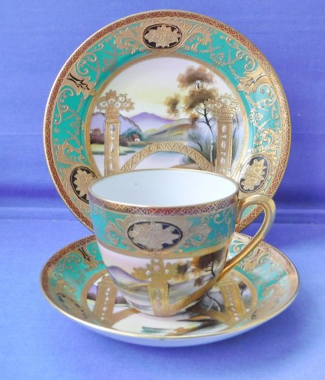 オールドニッポン 金盛藍線帯華装飾紋 キャビネットカップ ソーサー 金彩 盛上げ Noritake - オールドニッポン 金盛藍線帯華装飾紋 キャビネットカップ