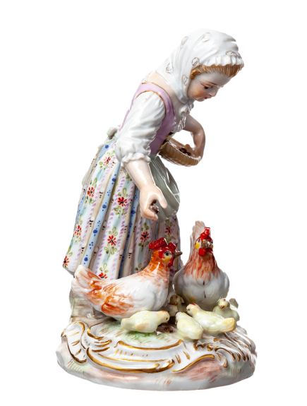 マイセン人形 鶏に餌をやる少女 寓話 一級品モデル 2864 1850年-1924年 