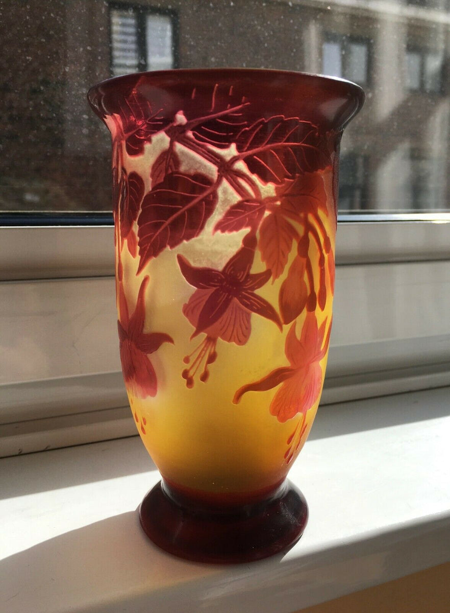 大型29cm! エミールガレ 植物紋花瓶 Emile Galle 被せガラス - 工芸品