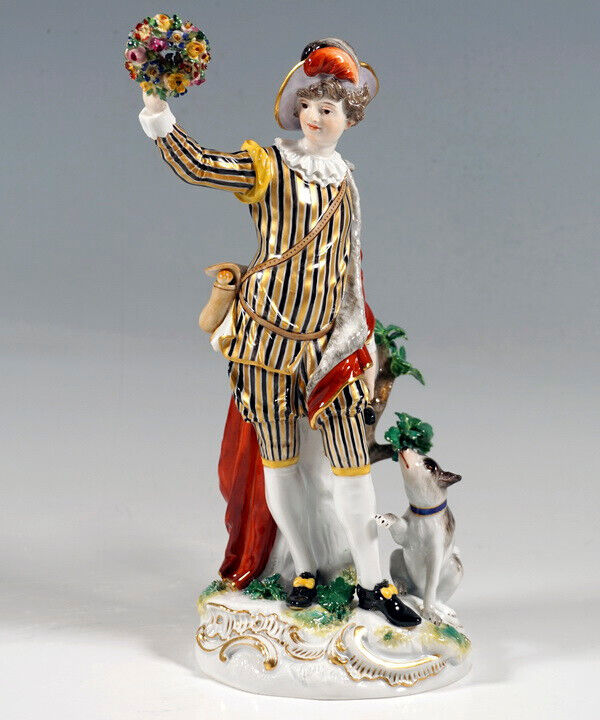 マイセン人形（フィギュリン）花輪を持つ羊飼いとシェパード犬 – アンティークテーブルウェア