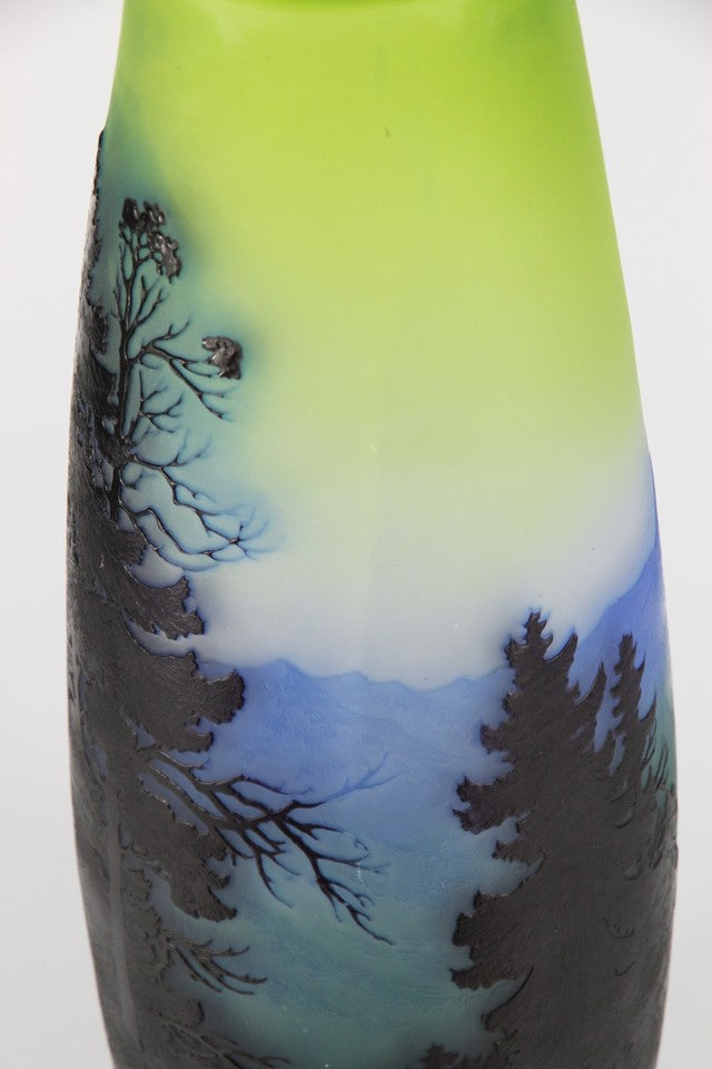 エミール・ガレ 山岳風景文 酸化腐食彫 カメオガラス 大型花瓶（1910年頃）