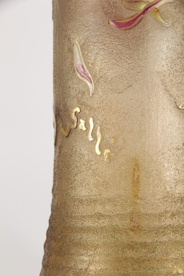 エミールガレの初期作品　エナメルガラスを使ったダリアの花が描かれたアールヌーボー花瓶