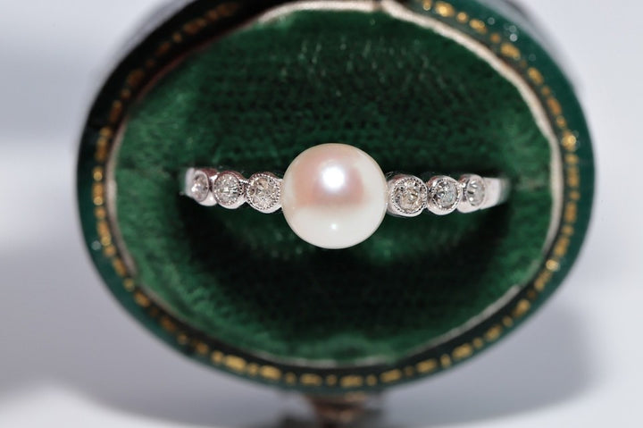ヴィンテージ 1990年代頃 14K ゴールド 天然 ダイヤモンド & パール 装飾 リング