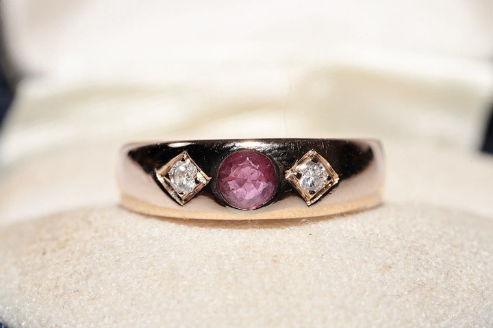 1980年代頃のヴィンテージ 14K ゴールド 天然ダイヤモンドとルビー装飾バンドリング