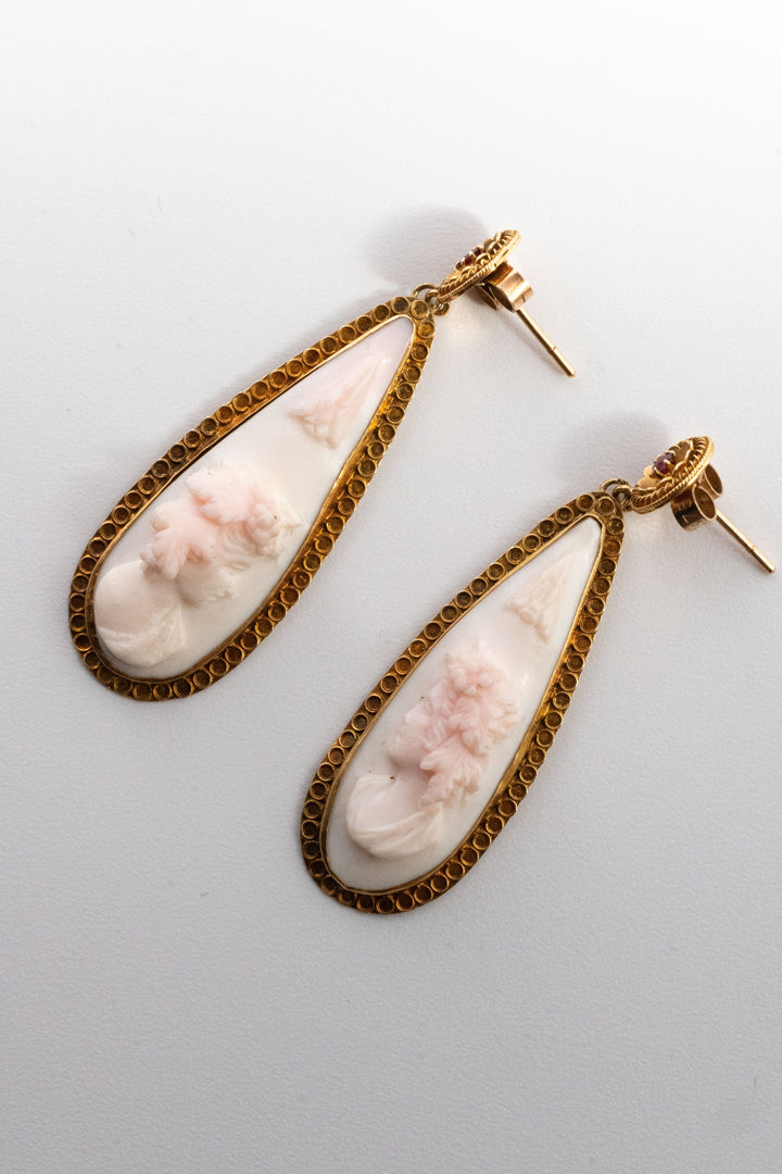 19世紀 ヴィクトリアン 15金 7.2g ルビー & 珊瑚カメオ エトルスカン・スタイル・ピアス