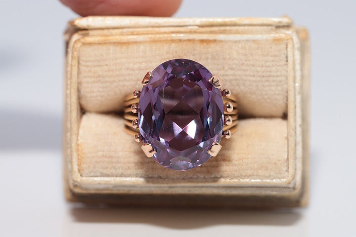 1960年代頃 ヴィンテージ 14K ゴールド ナチュラル アメジスト 装飾 ソリティア リング