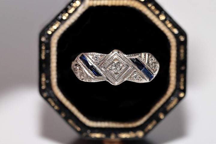 アンティーク アールデコ 18K ゴールド トップ シルバー 天然ダイヤモンド サファイア リング