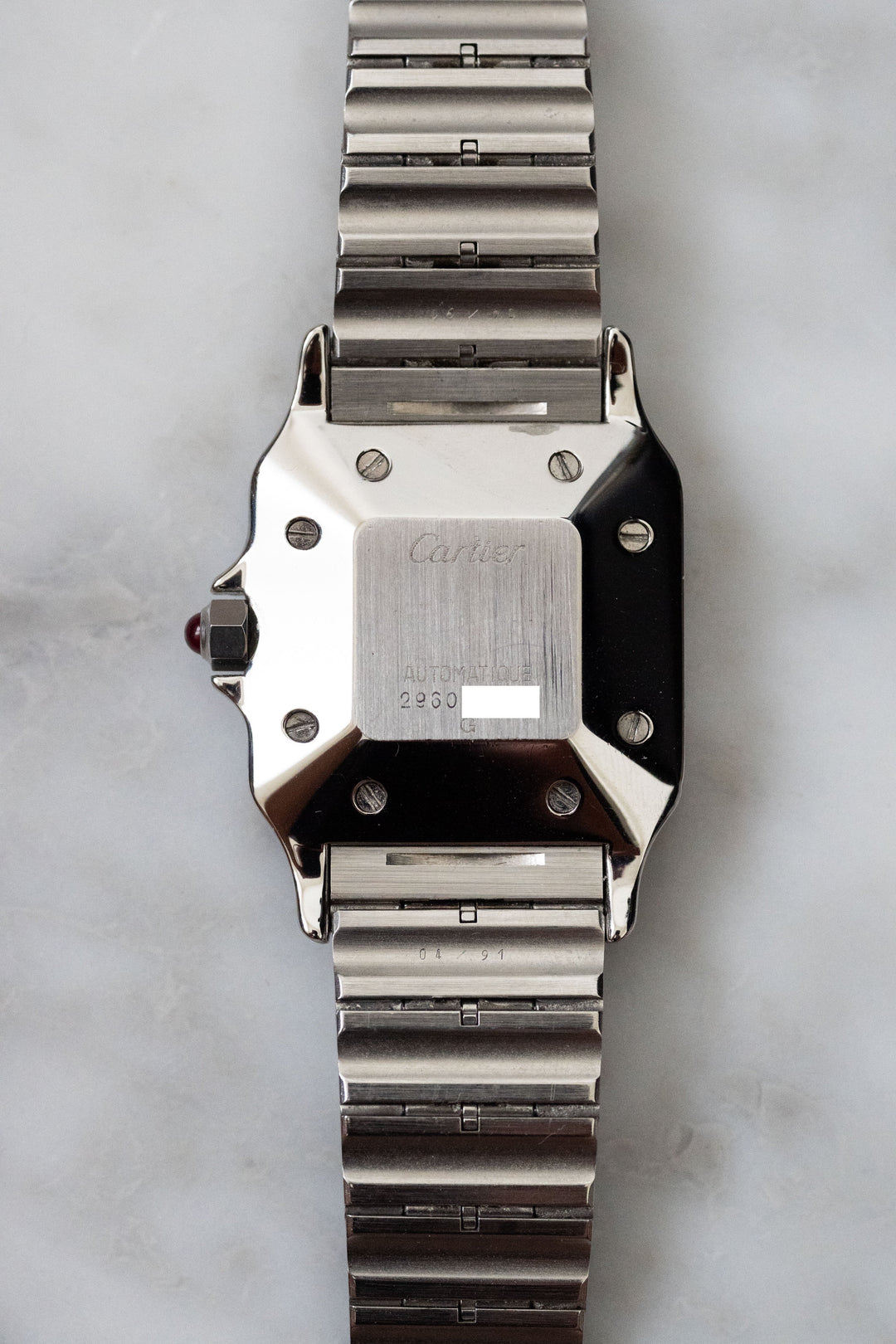 【箱/保証書/修理明細】CARTIER カルティエ サントスカレ LMサイズ バーガンディ ステンレスモデル ゴドロンブレス Ref.2960