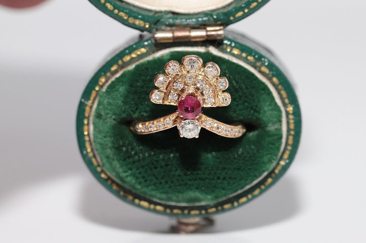 1980年代頃のビンテージ 14K ゴールド 天然ダイヤモンドとルビー装飾クラスタリング