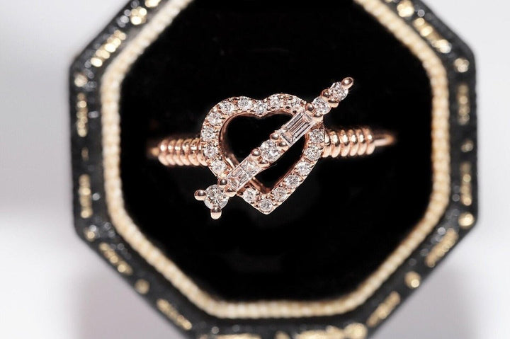 14K ローズゴールド 天然ダイヤモンド 派生ハート アローデザインリング