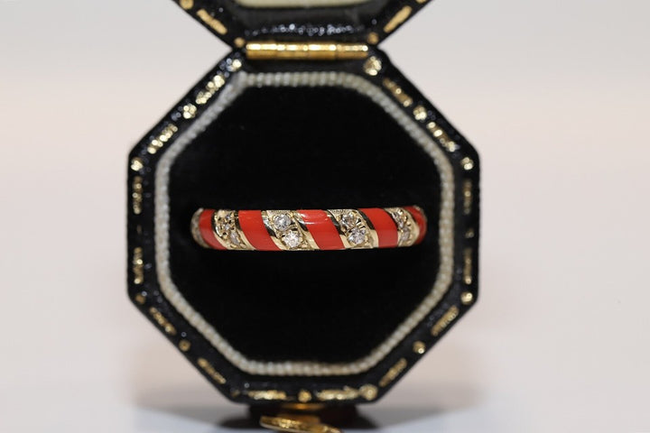 新品14Kゴールド天然ダイヤモンド装飾エナメルリング