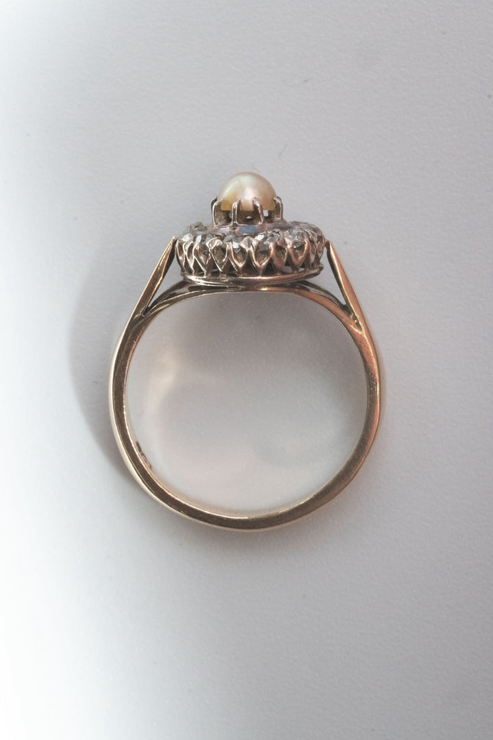 19世紀 ヴィクトリアン 9K 3.4g 天然真珠 & オールドカット・ダイヤモンド クラスターリング