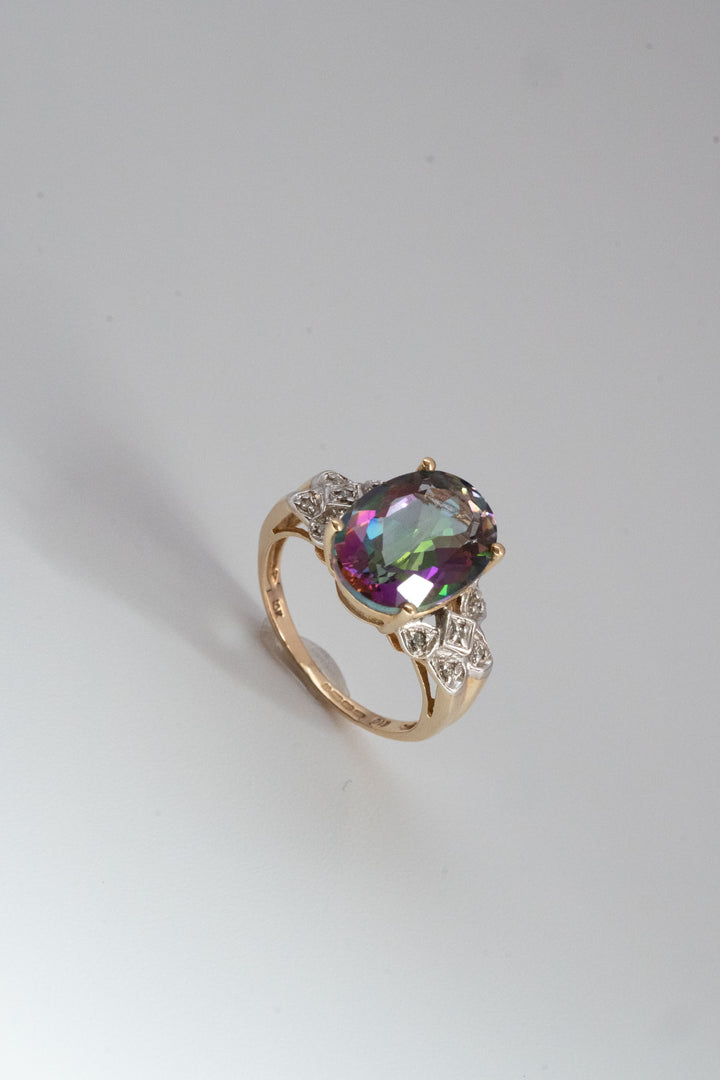 1979年 英国ヴィンテージ 9K 大粒5.5ct ミスティックトパーズ & ダイヤモンド ゴールドリング 4.1g