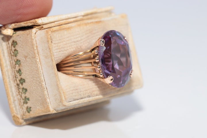 1960年代頃 ヴィンテージ 14K ゴールド ナチュラル アメジスト 装飾 ソリティア リング