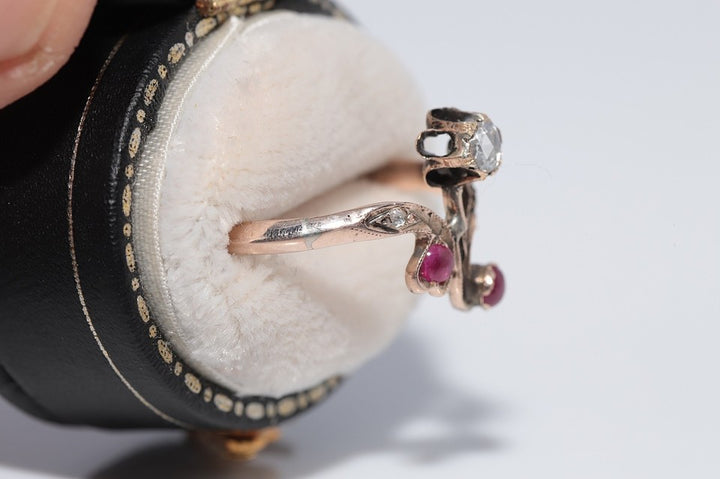 アンティーク1890年代頃 8Kゴールド天然ローズカットダイヤモンドとルビー装飾リング