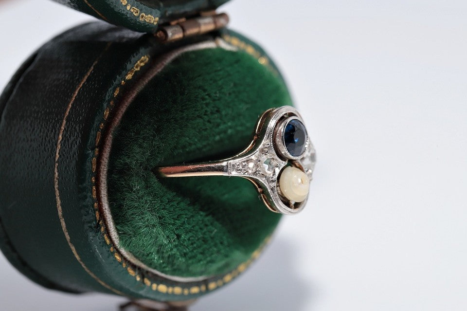 アンティーク 1920年代頃 14K ゴールド ナチュラル ローズ カット ダイヤモンド サファイア パール リング