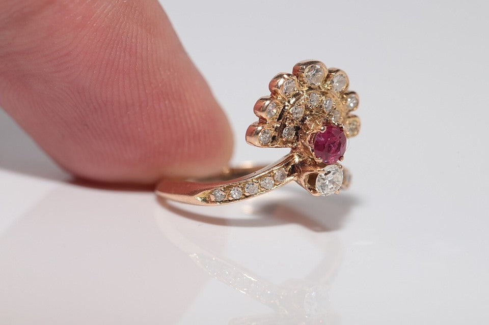 1980年代頃のビンテージ 14K ゴールド 天然ダイヤモンドとルビー装飾クラスタリング