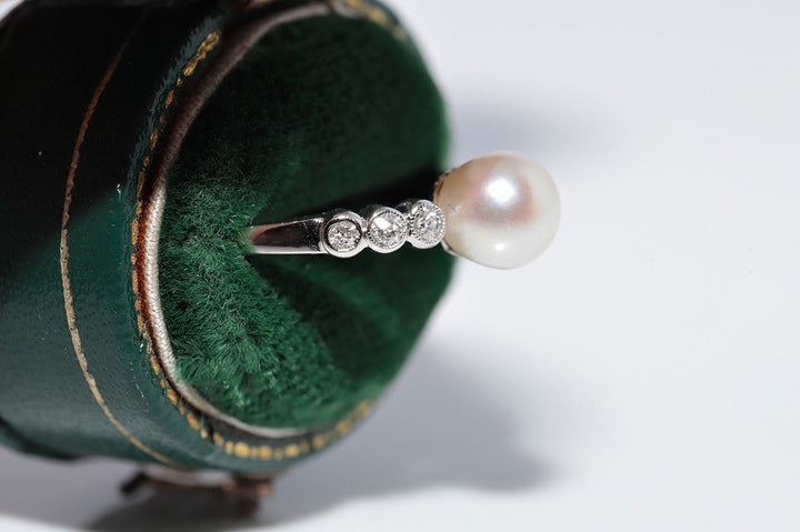 ヴィンテージ 1990年代頃 14K ゴールド 天然 ダイヤモンド & パール 装飾 リング