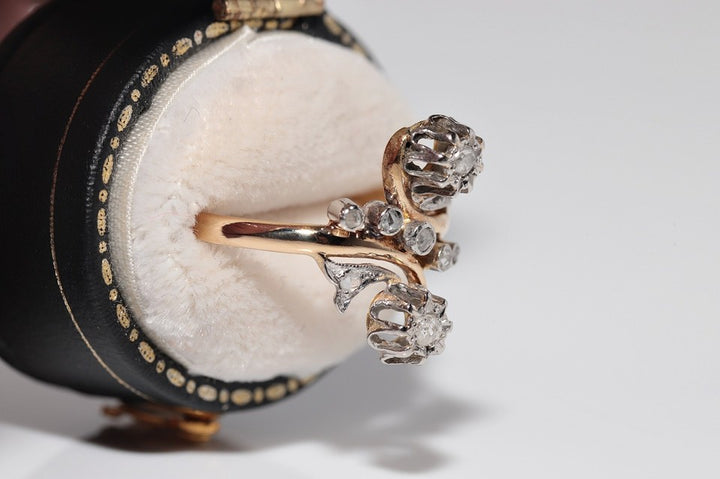 アンティーク アールヌーボー 18Kゴールド手作り ナチュラルローズ カット ダイヤモンドリング