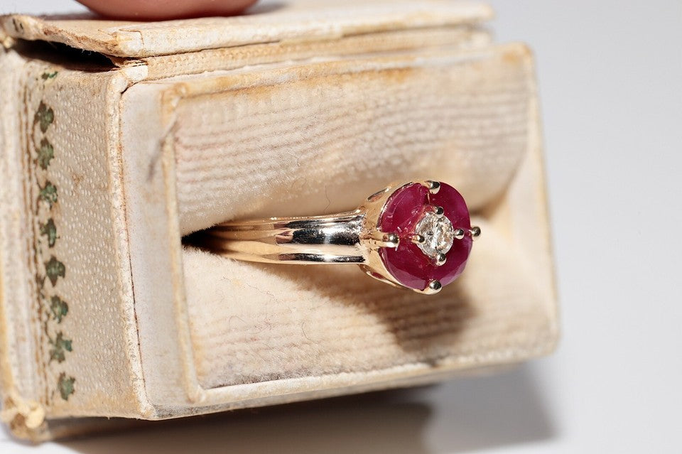 1980年代頃のビンテージ 14K ゴールド 天然ダイヤモンドとマーキスカットルビーリング