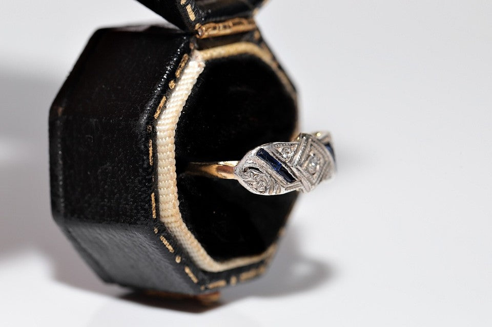 アンティーク アールデコ 18K ゴールド トップ シルバー 天然ダイヤモンド サファイア リング