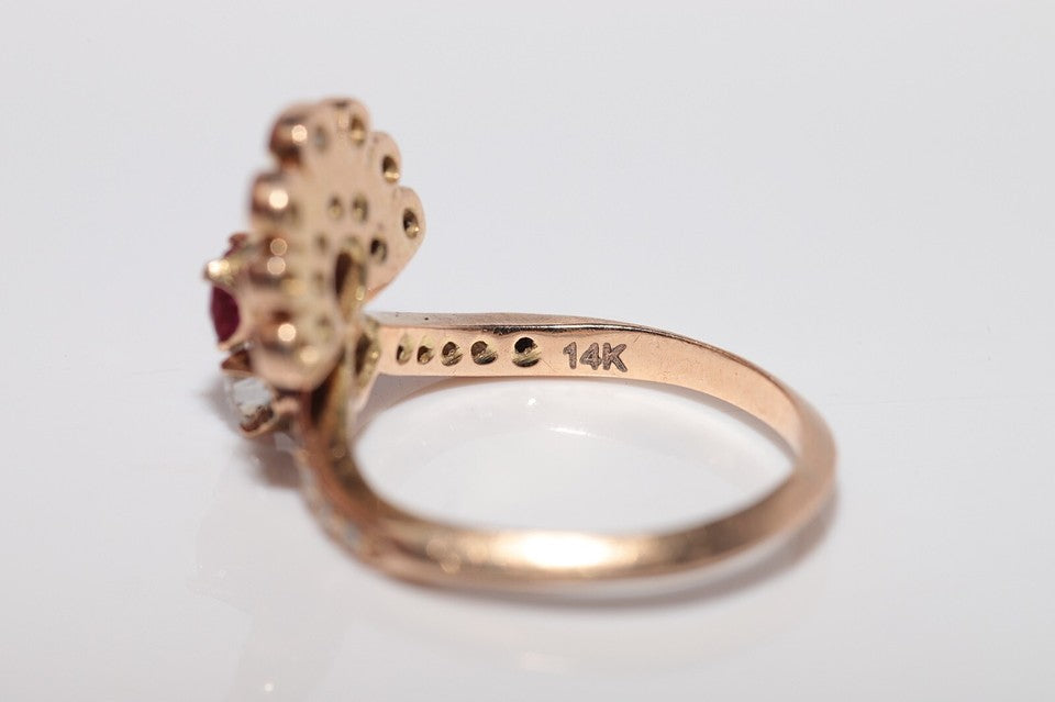 1980年代頃のビンテージ 14K ゴールド 天然ダイヤモンドとルビー装飾クラスタリング