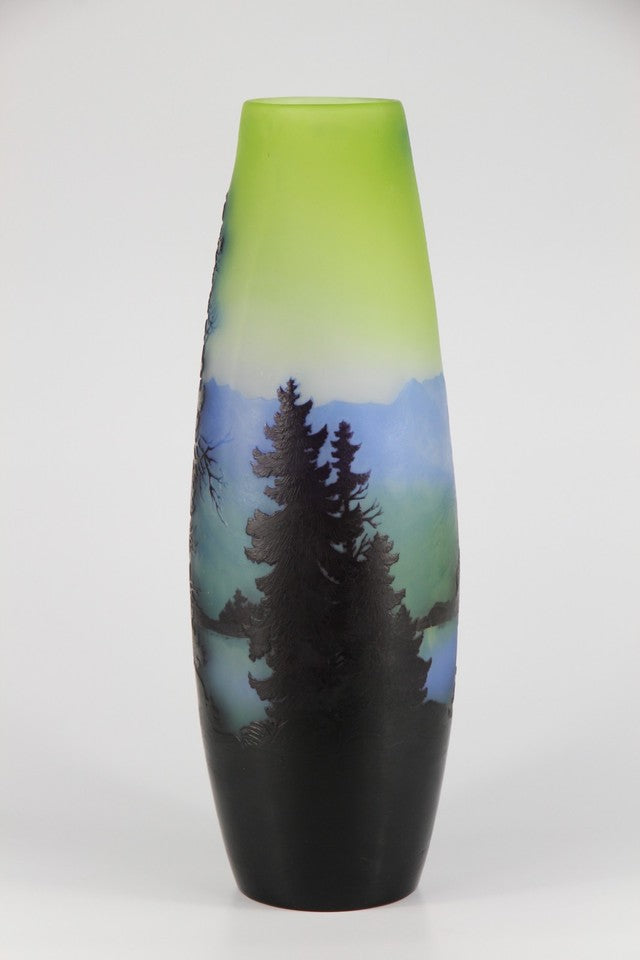 エミール・ガレ 山岳風景文 酸化腐食彫 カメオガラス 大型花瓶（1910年頃）