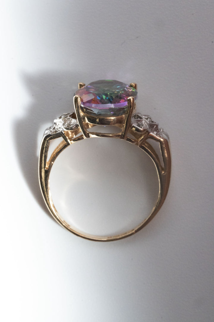 1979年 英国ヴィンテージ 9K 大粒5.5ct ミスティックトパーズ & ダイヤモンド ゴールドリング 4.1g