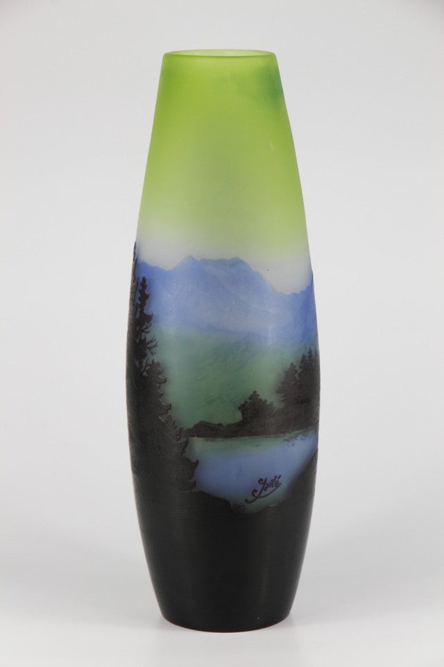 エミール・ガレ 山岳風景文 酸化腐食彫 カメオガラス 大型花瓶（1910年頃）