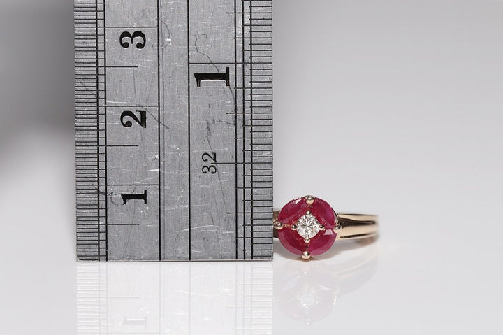 1980年代頃のビンテージ 14K ゴールド 天然ダイヤモンドとマーキスカットルビーリング