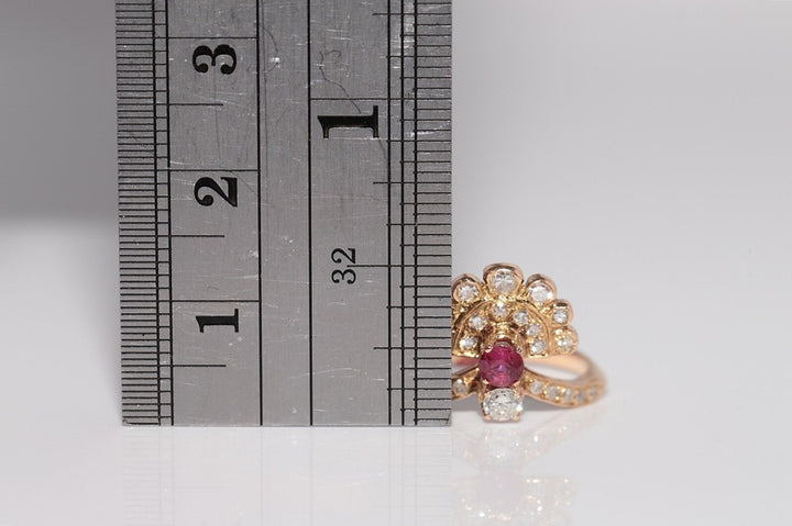1980年代頃のビンテージ 14K ゴールド 天然ダイヤモンドとルビー装飾クラスタリング