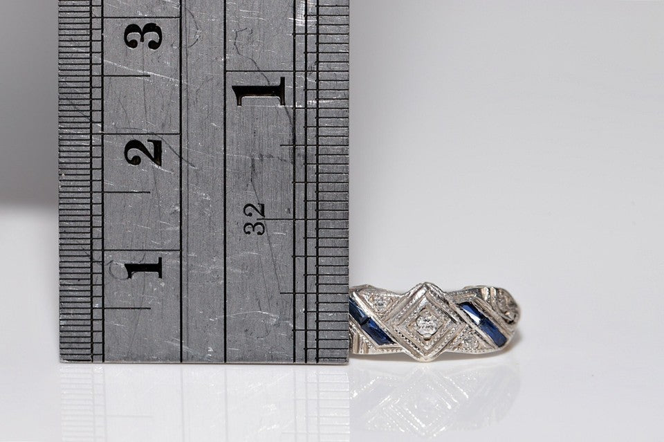 アンティーク アールデコ 18K ゴールド トップ シルバー 天然ダイヤモンド サファイア リング