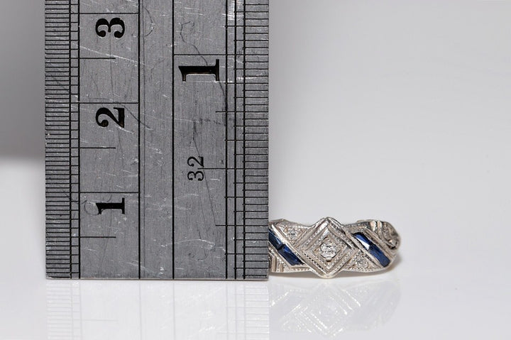 アンティーク アールデコ 18K ゴールド トップ シルバー 天然ダイヤモンド サファイア リング