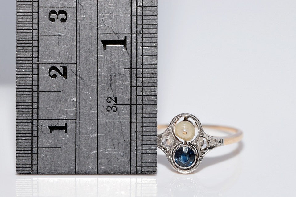 アンティーク 1920年代頃 14K ゴールド ナチュラル ローズ カット ダイヤモンド サファイア パール リング