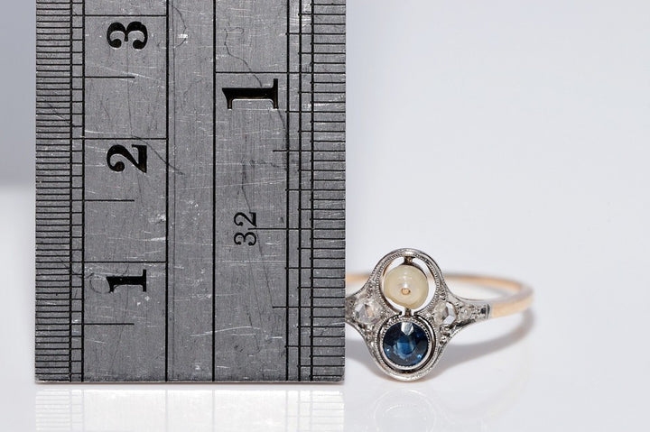 アンティーク 1920年代頃 14K ゴールド ナチュラル ローズ カット ダイヤモンド サファイア パール リング