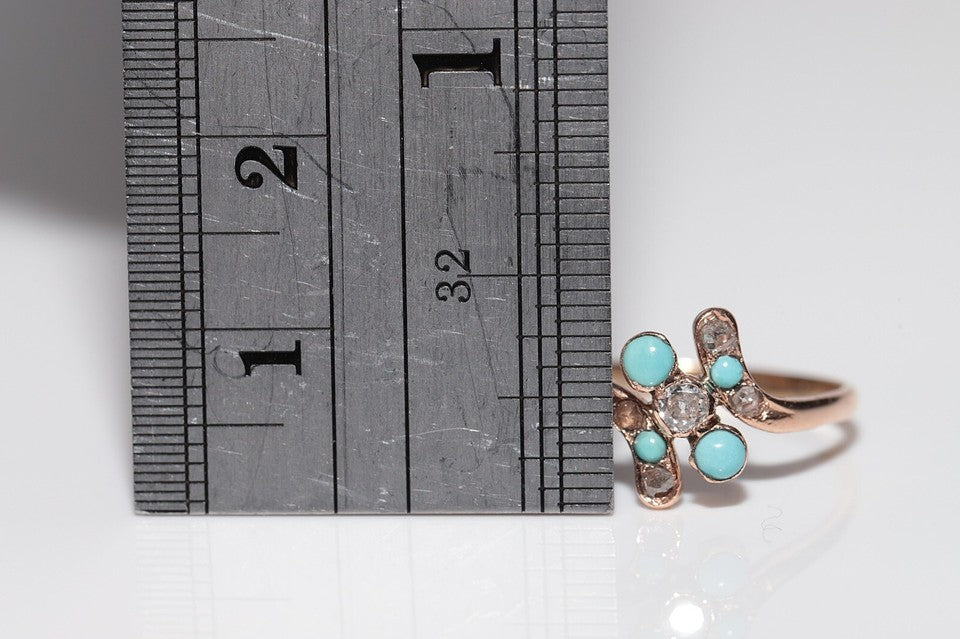 アンティーク 1900年代頃 18Kゴールド手作り 天然ダイヤモンドとターコイズリング