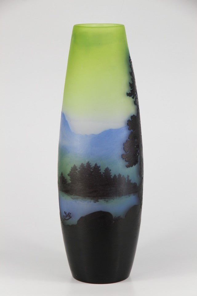 エミール・ガレ 山岳風景文 酸化腐食彫 カメオガラス 大型花瓶（1910年頃）