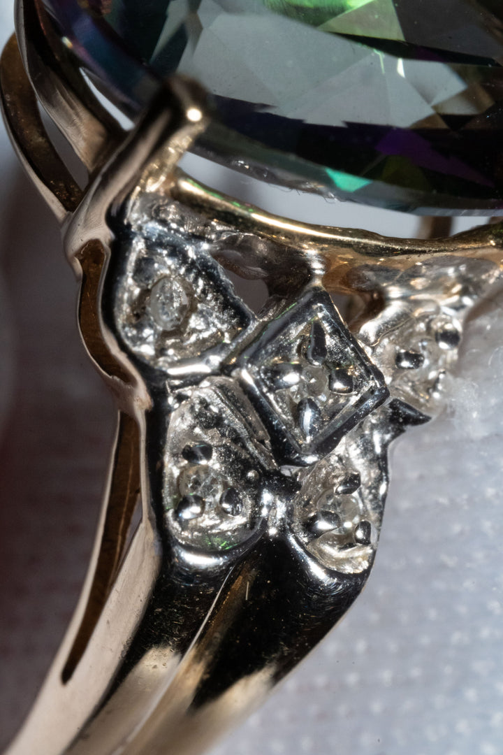 1979年 英国ヴィンテージ 9K 大粒5.5ct ミスティックトパーズ & ダイヤモンド ゴールドリング 4.1g