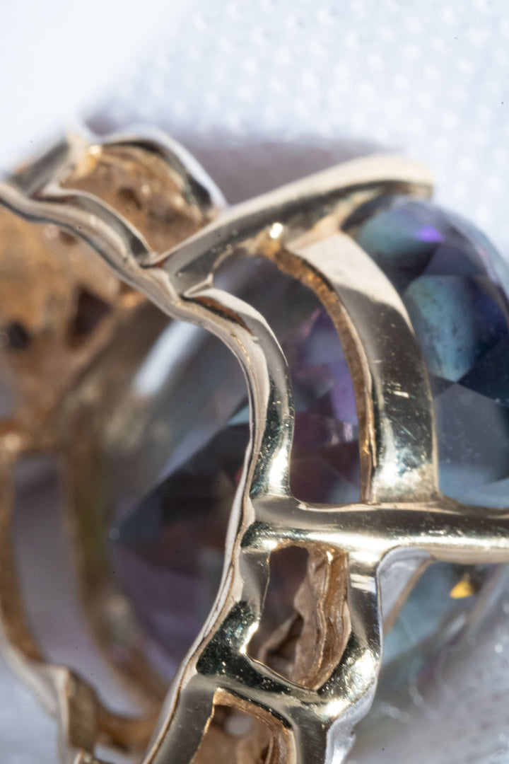 1979年 英国ヴィンテージ 9K 大粒5.5ct ミスティックトパーズ & ダイヤモンド ゴールドリング 4.1g