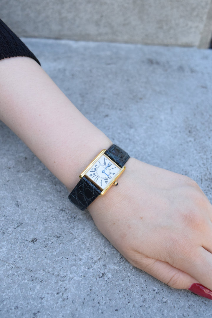 廃盤マスト ドゥ カルティエ タンク　ユニセックス ヴィンテージウォッチ オパランインデックス LMサイズ 純銀に18Kヴェルメイユ