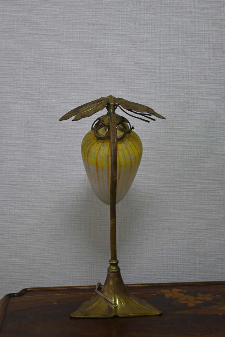 【保証書/箱付き】ドーム兄弟（ドームナンシー）トンボの装飾が描かれているアンティークテーブルランプ