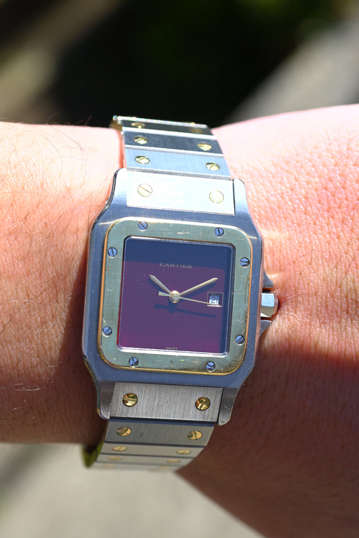 カルティエ　サントスカレ/ガルべLMサイズ バーガンディ（ワインレッド）文字盤 ステンレス x ゴールドコンビ自動巻モデル  Ref.2961　