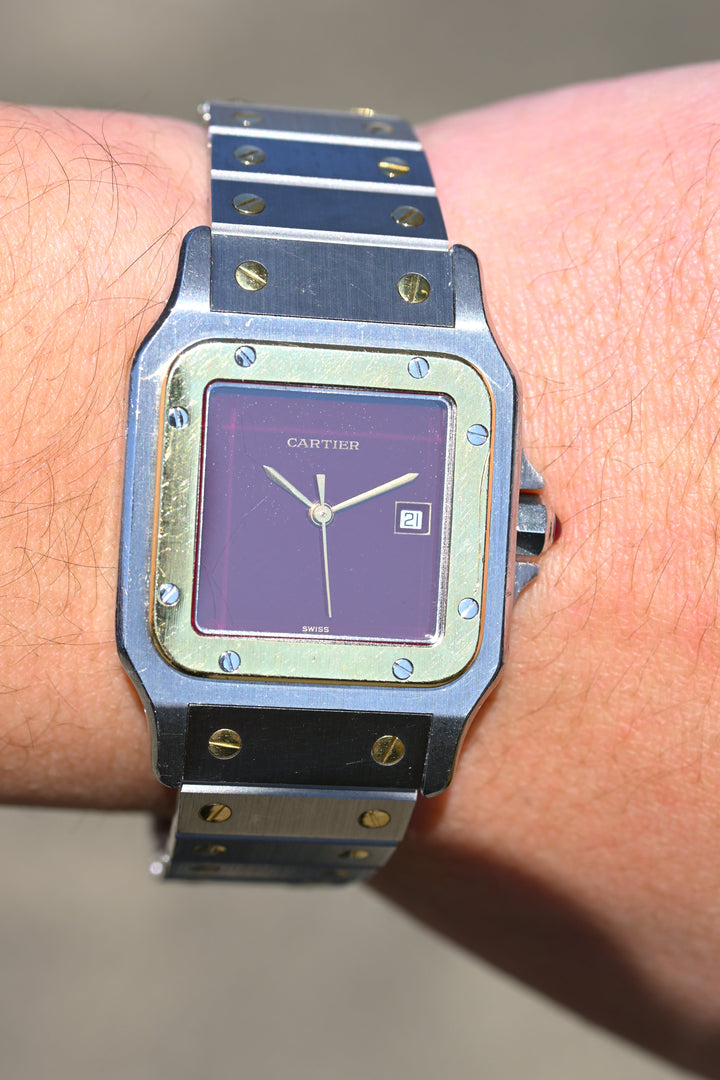 カルティエ　サントスカレ/ガルべLMサイズ バーガンディ（ワインレッド）文字盤 ステンレス x ゴールドコンビ自動巻モデル  Ref.2961　