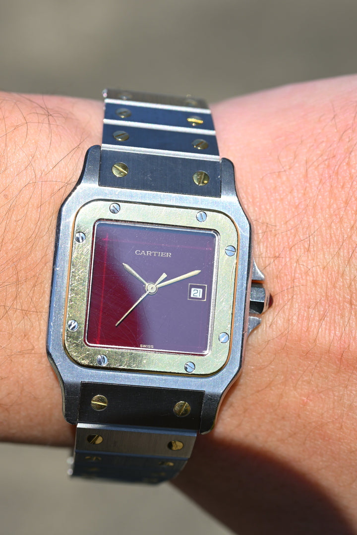 カルティエ　サントスカレ/ガルべLMサイズ バーガンディ（ワインレッド）文字盤 ステンレス x ゴールドコンビ自動巻モデル  Ref.2961　