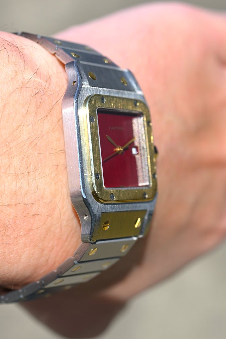 カルティエ　サントスカレ/ガルべLMサイズ バーガンディ（ワインレッド）文字盤 ステンレス x ゴールドコンビ自動巻モデル  Ref.2961　