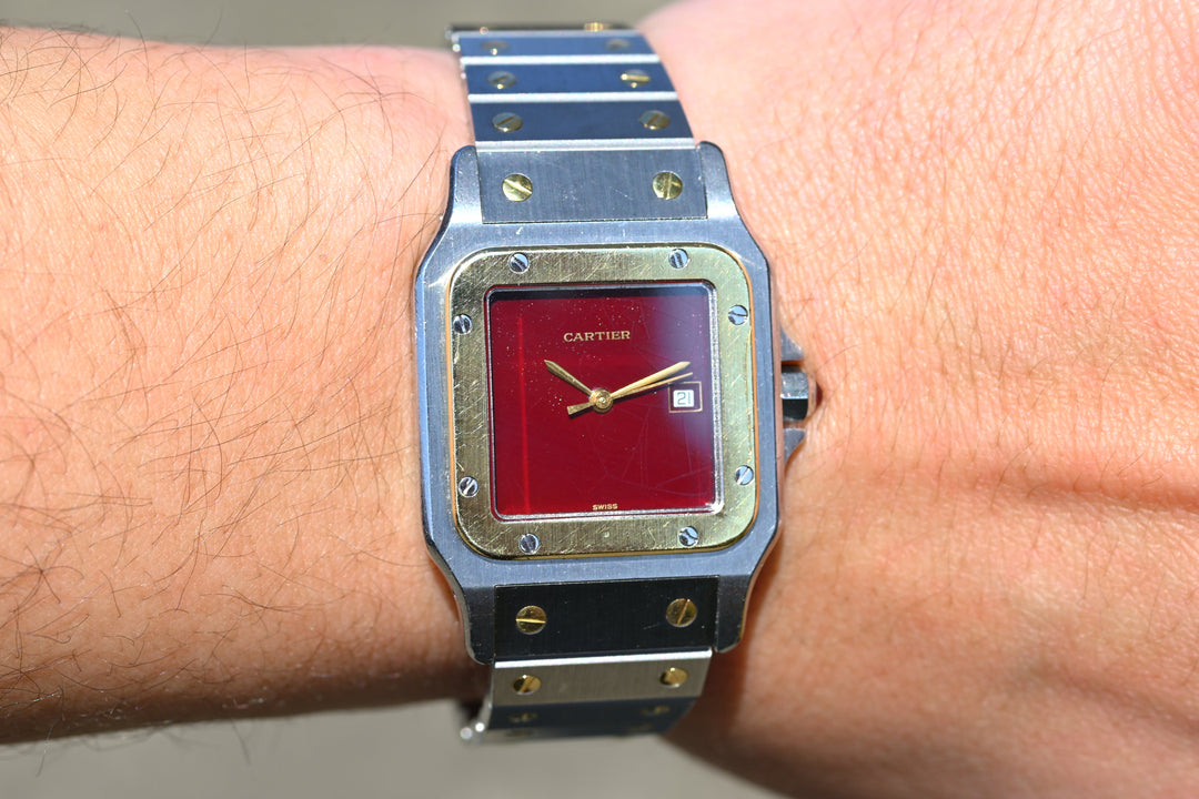 カルティエ　サントスカレ/ガルべLMサイズ バーガンディ（ワインレッド）文字盤 ステンレス x ゴールドコンビ自動巻モデル  Ref.2961　