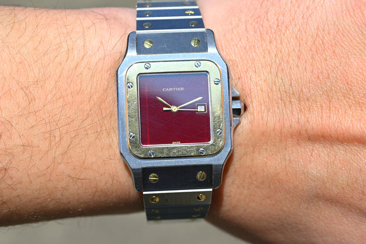 カルティエ　サントスカレ/ガルべLMサイズ バーガンディ（ワインレッド）文字盤 ステンレス x ゴールドコンビ自動巻モデル  Ref.2961　