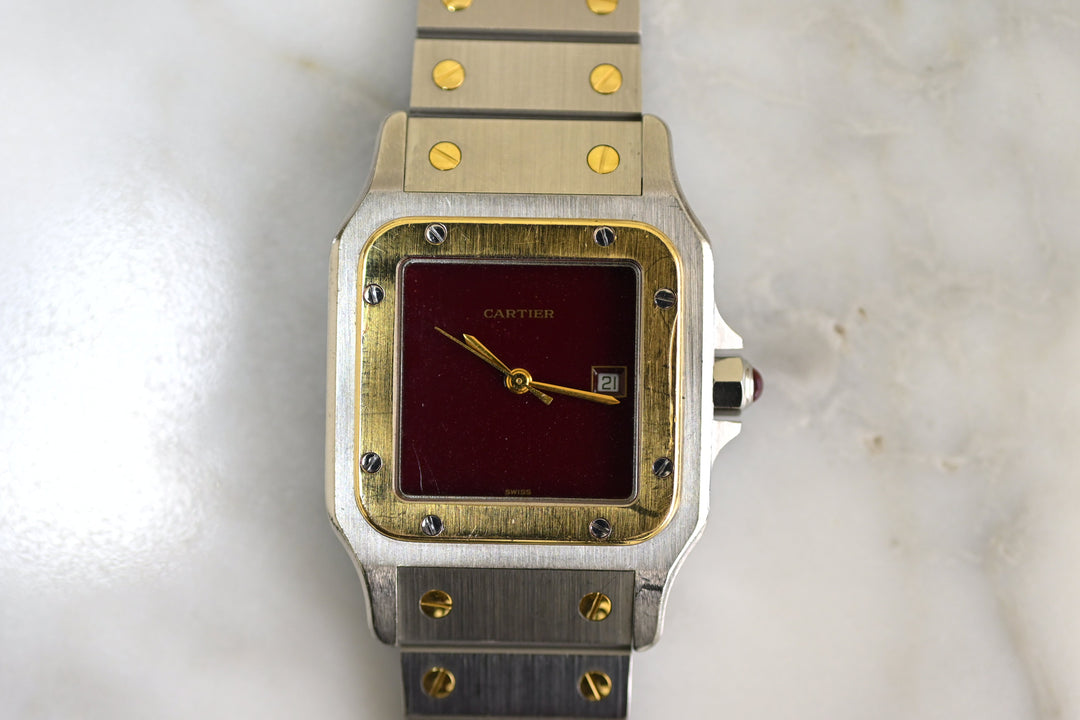 カルティエ　サントスカレ/ガルべLMサイズ バーガンディ（ワインレッド）文字盤 ステンレス x ゴールドコンビ自動巻モデル  Ref.2961　