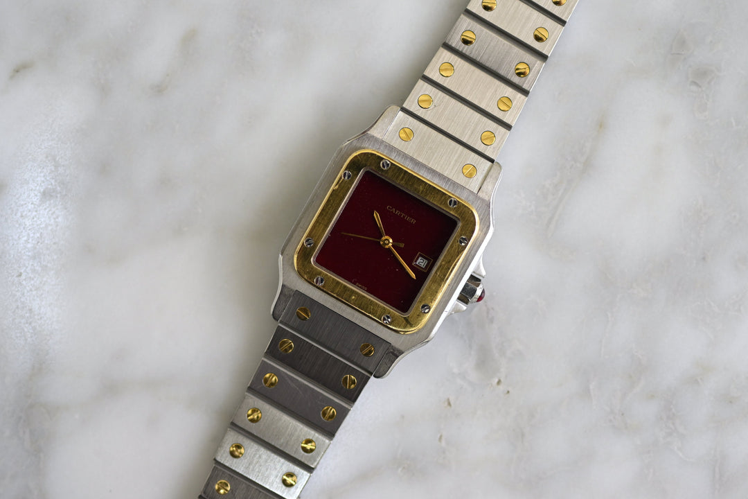 カルティエ　サントスカレ/ガルべLMサイズ バーガンディ（ワインレッド）文字盤 ステンレス x ゴールドコンビ自動巻モデル  Ref.2961　