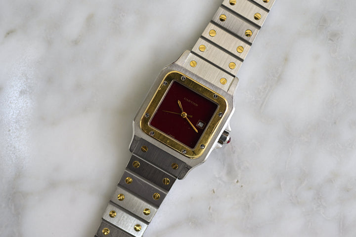 カルティエ　サントスカレ/ガルべLMサイズ バーガンディ（ワインレッド）文字盤 ステンレス x ゴールドコンビ自動巻モデル  Ref.2961　